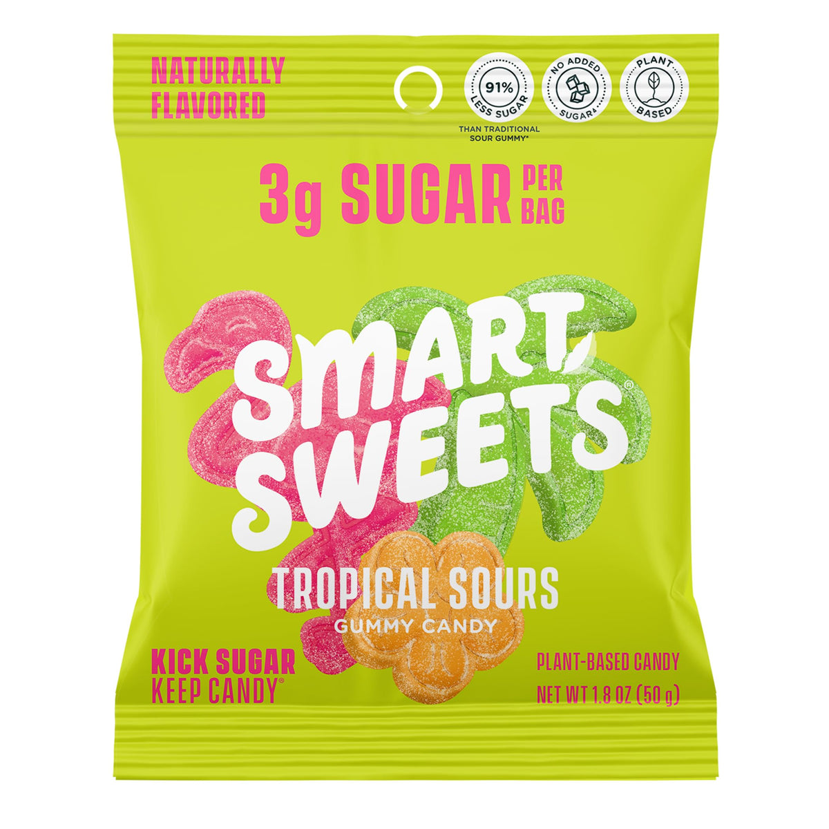 SmartSweets Tropical Sours bag display colorful gummies for a low sugar snack.