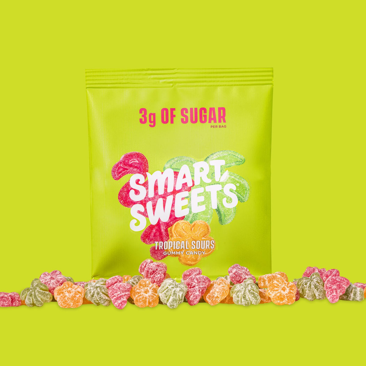 SmartSweets Tropical Sours packaging highlights plant-based, gluten-free ingredients.