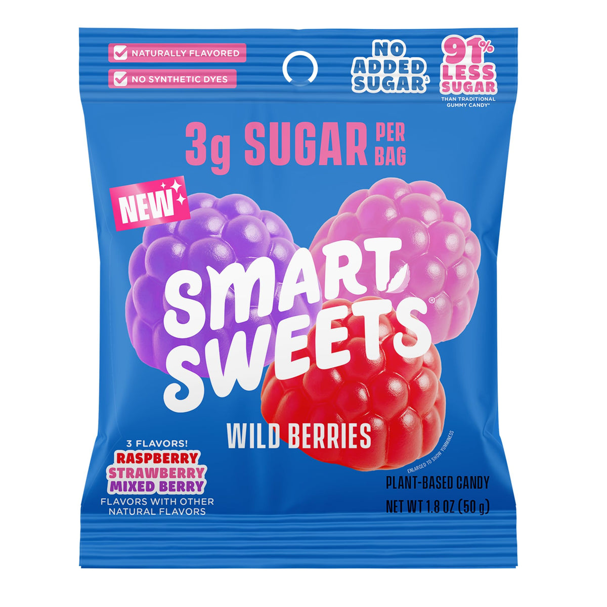 SmartSweets Wild Berries gummies bag highlights a low sugar, gluten-free snack.