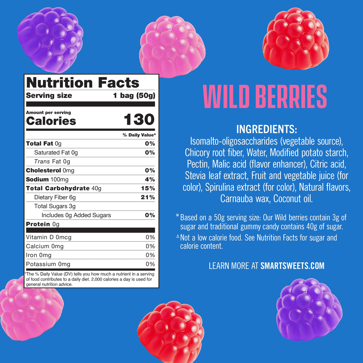 SmartSweets Wild Berries gummies closeup shows juicy berry bits for a bright bite.