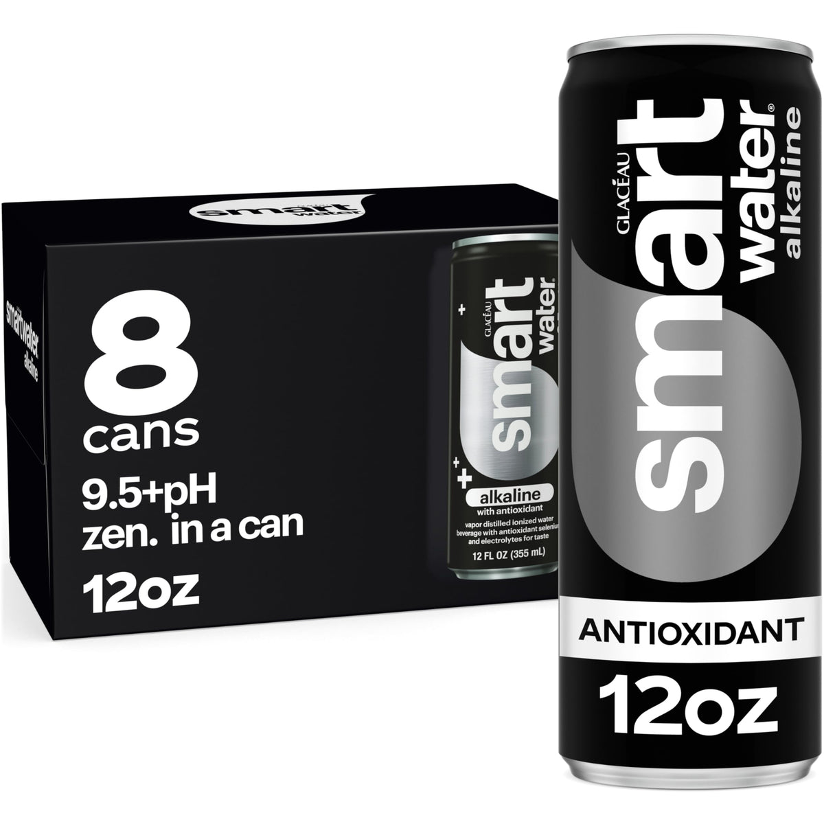 Smartwater alkaline antioxidant cans pack on counter for quick hydration