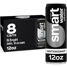 Smartwater alkaline antioxidant cans pack on counter for quick hydration