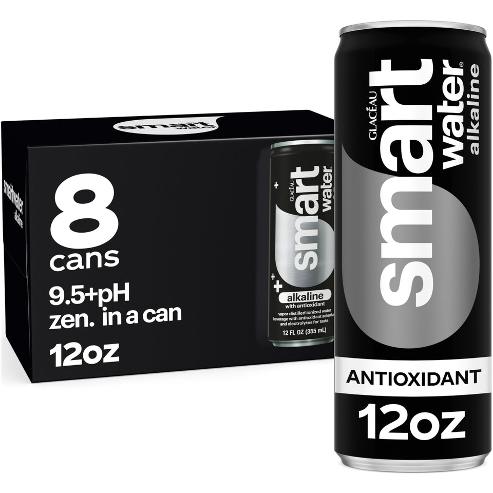 Smartwater alkaline antioxidant cans pack on counter for quick hydration