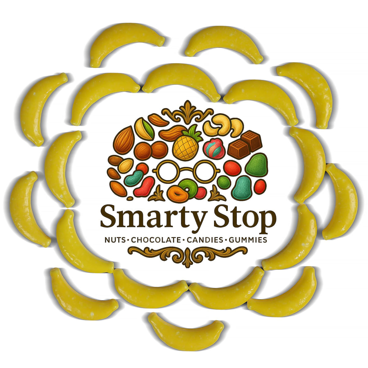 Two-pound Smarty Stop Banana Heads packaging stored pantry-ready