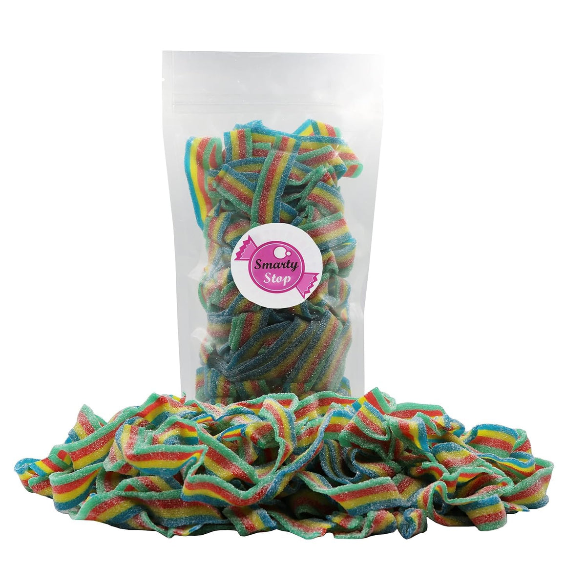 Close-up of Smarty Stop sour belts, tangy rainbow flavors for a bold treat.