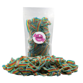 Close-up of Smarty Stop sour belts, tangy rainbow flavors for a bold treat.