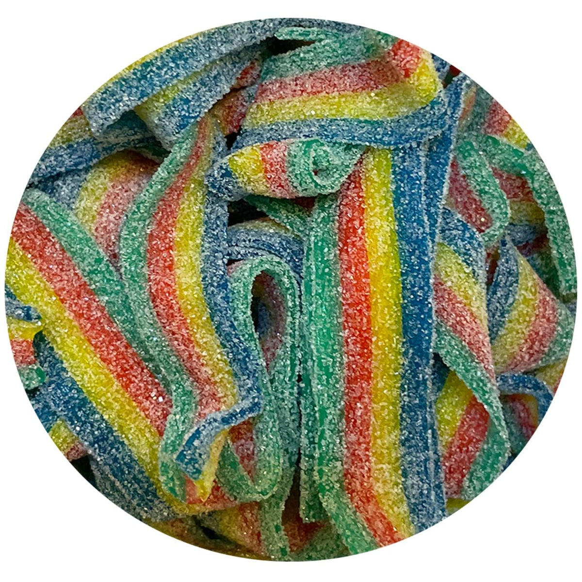 Smarty Stop flavor belt image, vibrant rainbow colors spark candy fun.