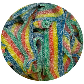 Smarty Stop flavor belt image, vibrant rainbow colors spark candy fun.
