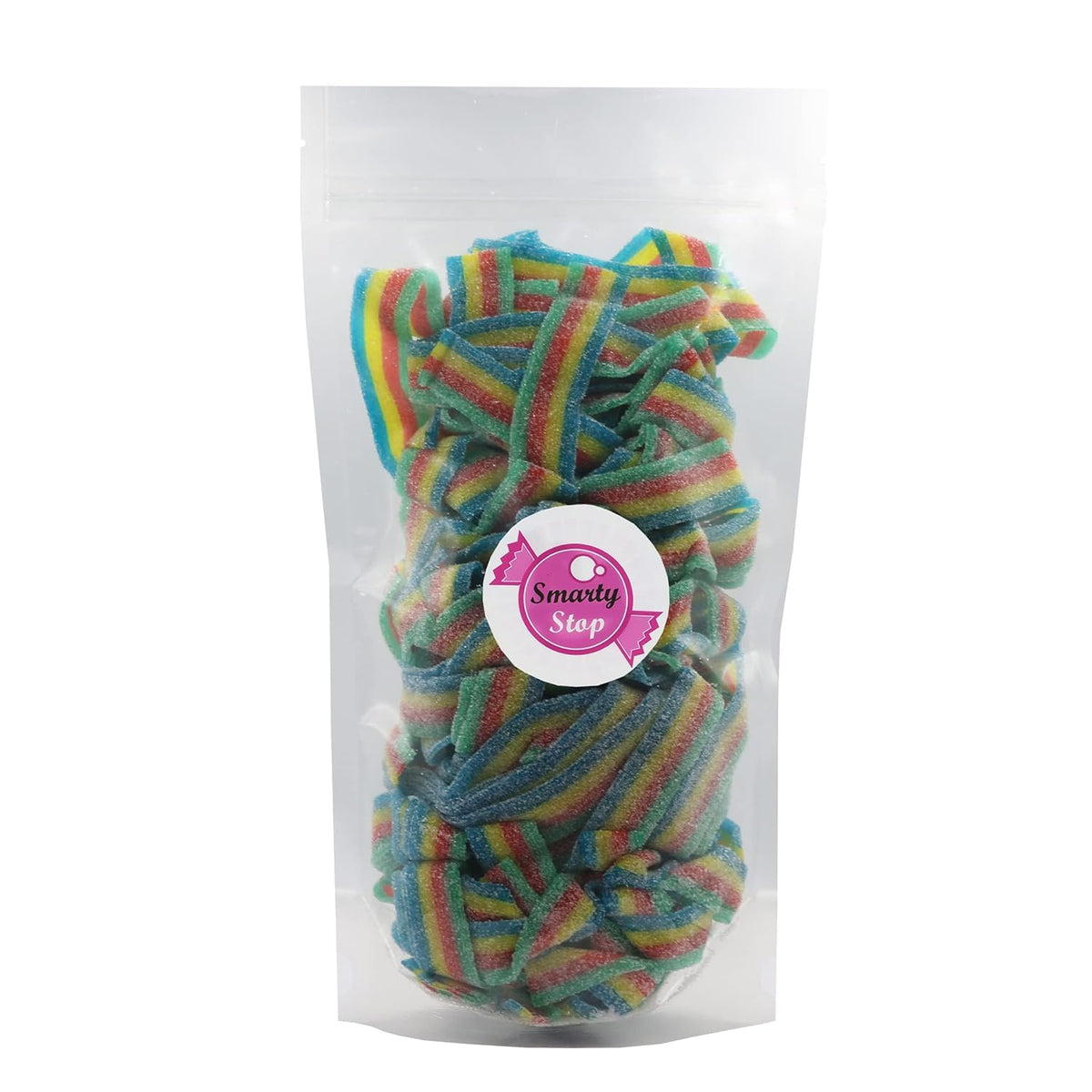 Side view of Smarty Stop belt gummies, chewy texture for satisfying munching.
