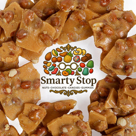Opened Smarty Stop bag shows crispy brittle and roasted peanuts.