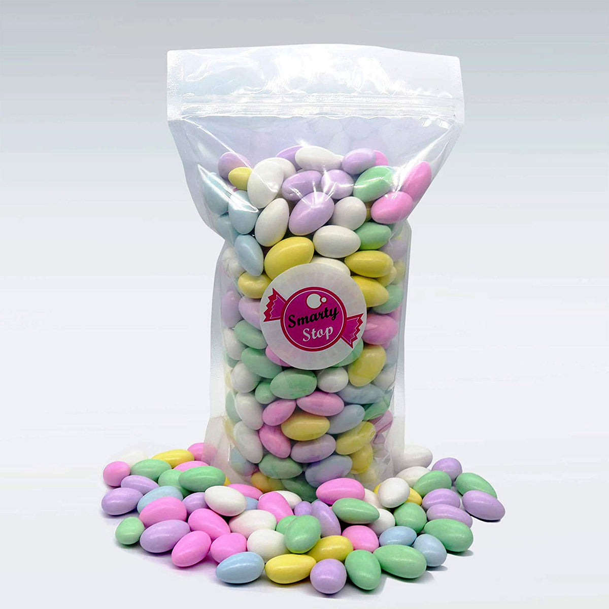Pastel-coated Smarty Stop Jordan almonds in a candy shell for colorful snacking