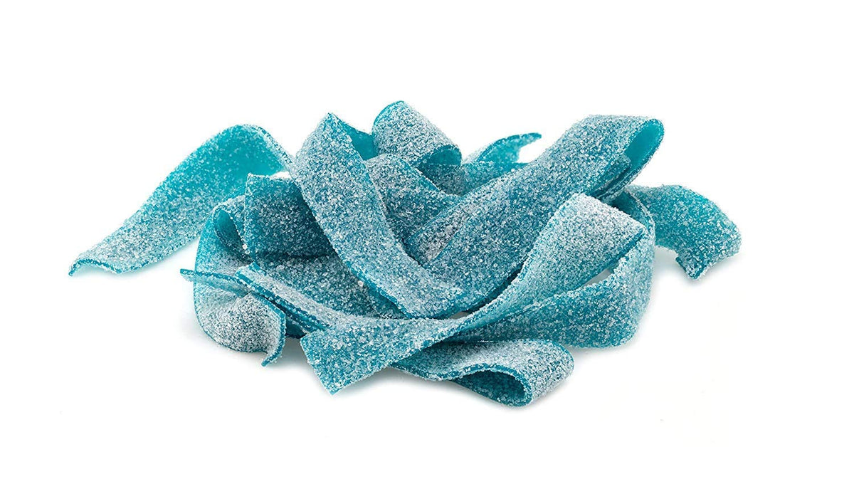 Smarty Stop blue raspberry gummy strips in a bowl showing dessert topping potential.