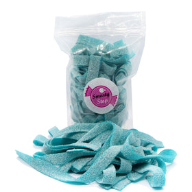 Smarty Stop blue raspberry gummy strips closeup highlighting tangy flavor and chewy texture.