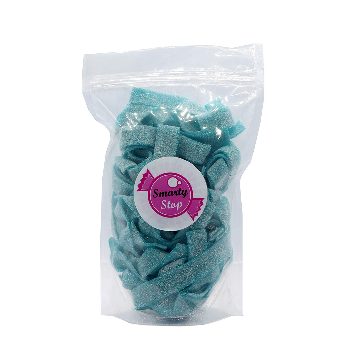 Smarty Stop blue raspberry gummy strips packaging for pantry-friendly snacking and events.