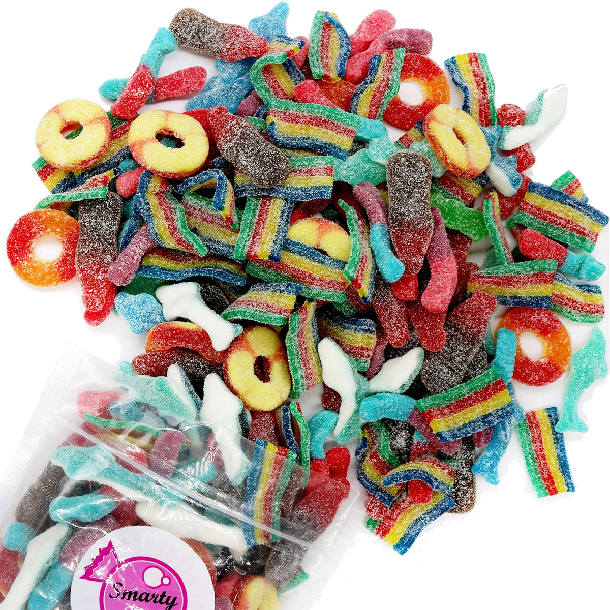 Close-up of Smarty Stop sour mix gummies showing colorful shapes and tart flavors for snacking.