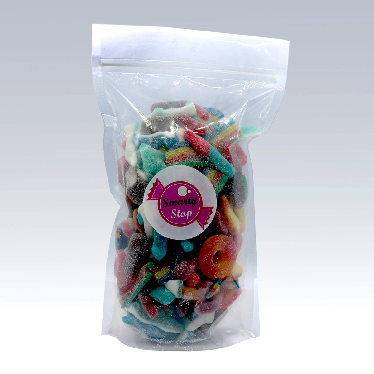 Smarty Stop sour mix gummies on a dessert platter for gatherings.