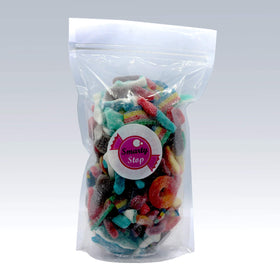 Smarty Stop sour mix gummies on a dessert platter for gatherings.