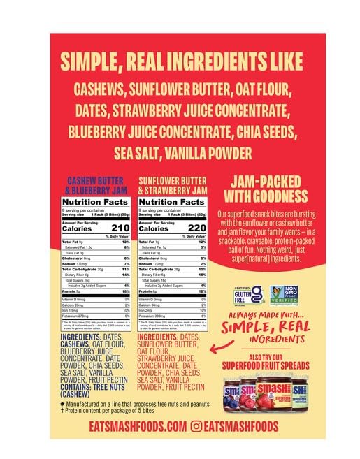 Smash Foods Snack Bites ingredient panel highlights cashew and sunflower butter, gluten-free and non-GMO.