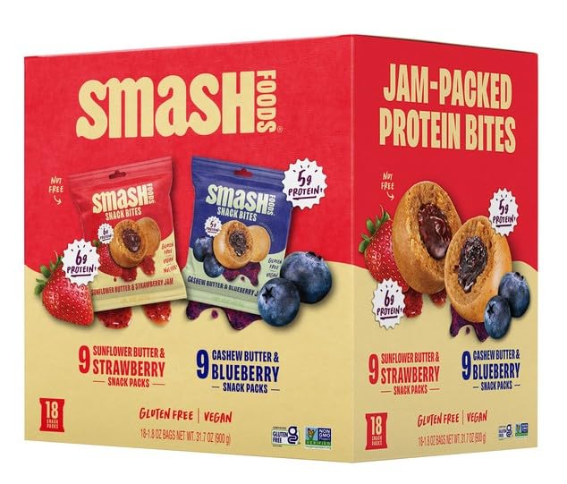 Smash Foods Snack Bites 18-count variety pack offers gluten-free vegan snacking.