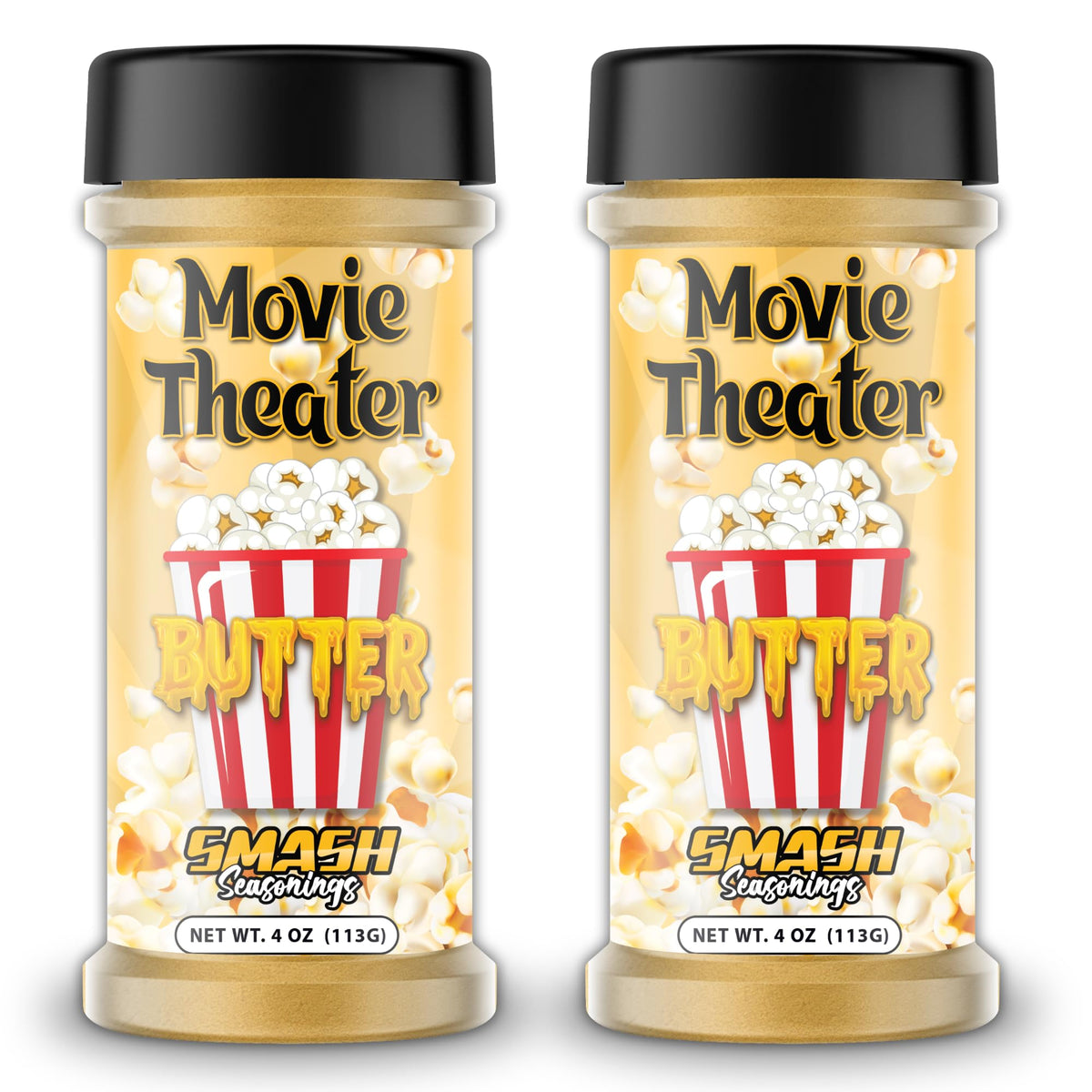Smash Seasonings Butter Popcorn Seasoning bottle adds rich buttery flavor to popcorn for movie nights.