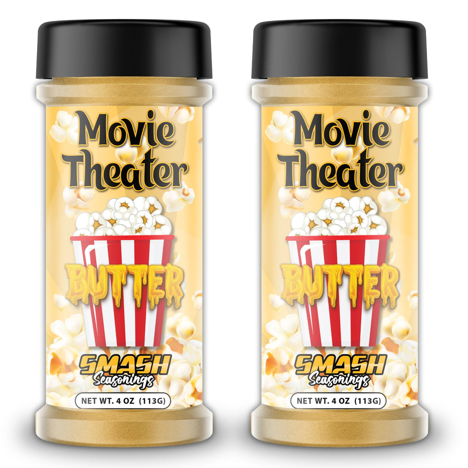 Smash Seasonings Butter Popcorn Seasoning bottle adds rich buttery flavor to popcorn for movie nights.