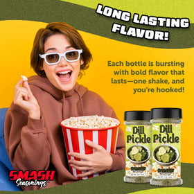 Smash Seasonings Dill Pickle chips seasoning on crunchy chips.