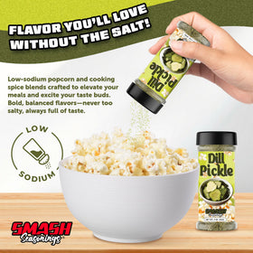 Smash Seasonings Dill Pickle popcorn powder sprinkle on popcorn close-up.