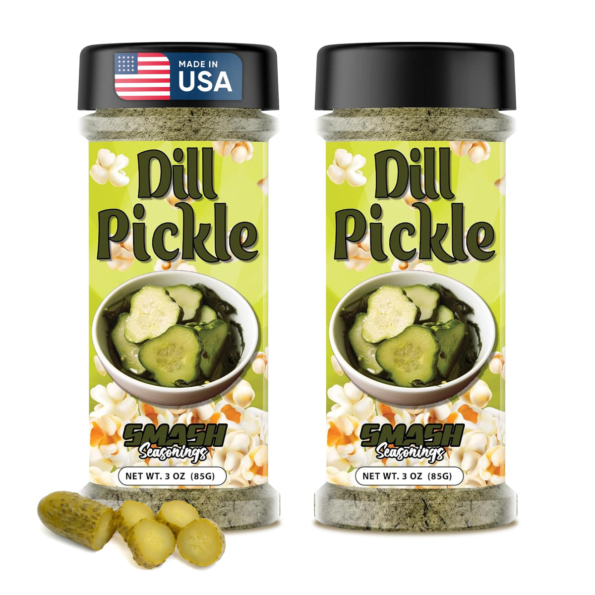 Smash Seasonings Dill Pickle popcorn seasoning bottle adds bold tangy flavor for popcorn.