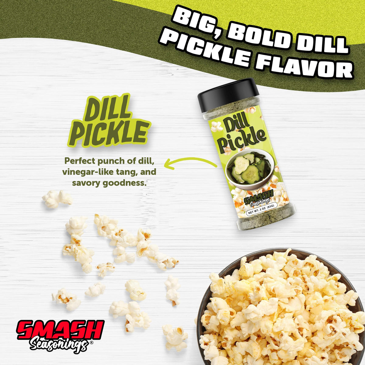 Smash Seasonings Dill Pickle popcorn seasoning shaker enables easy, even coverage.