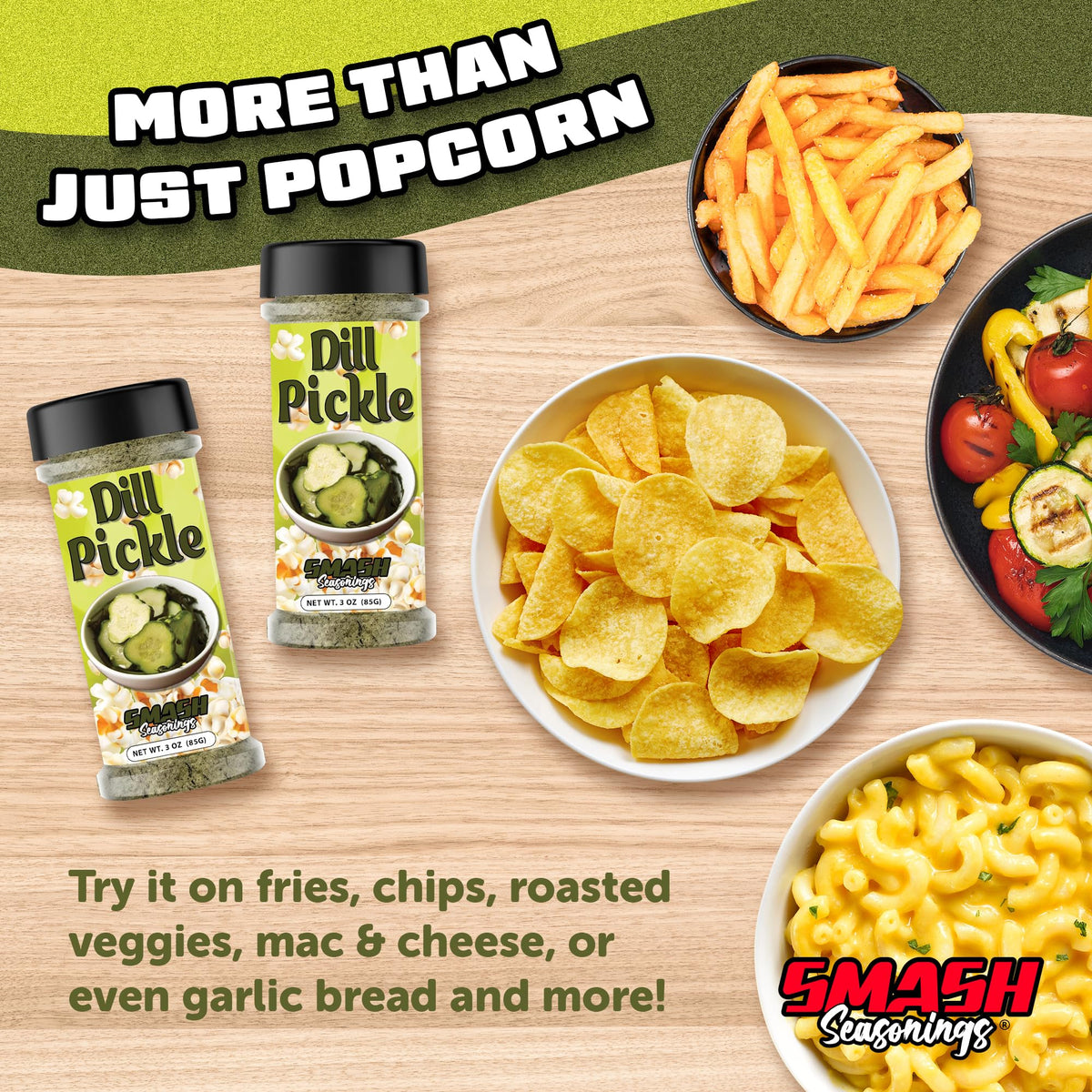 Smash Seasonings Dill Pickle potatoes seasoning on roasted potatoes.