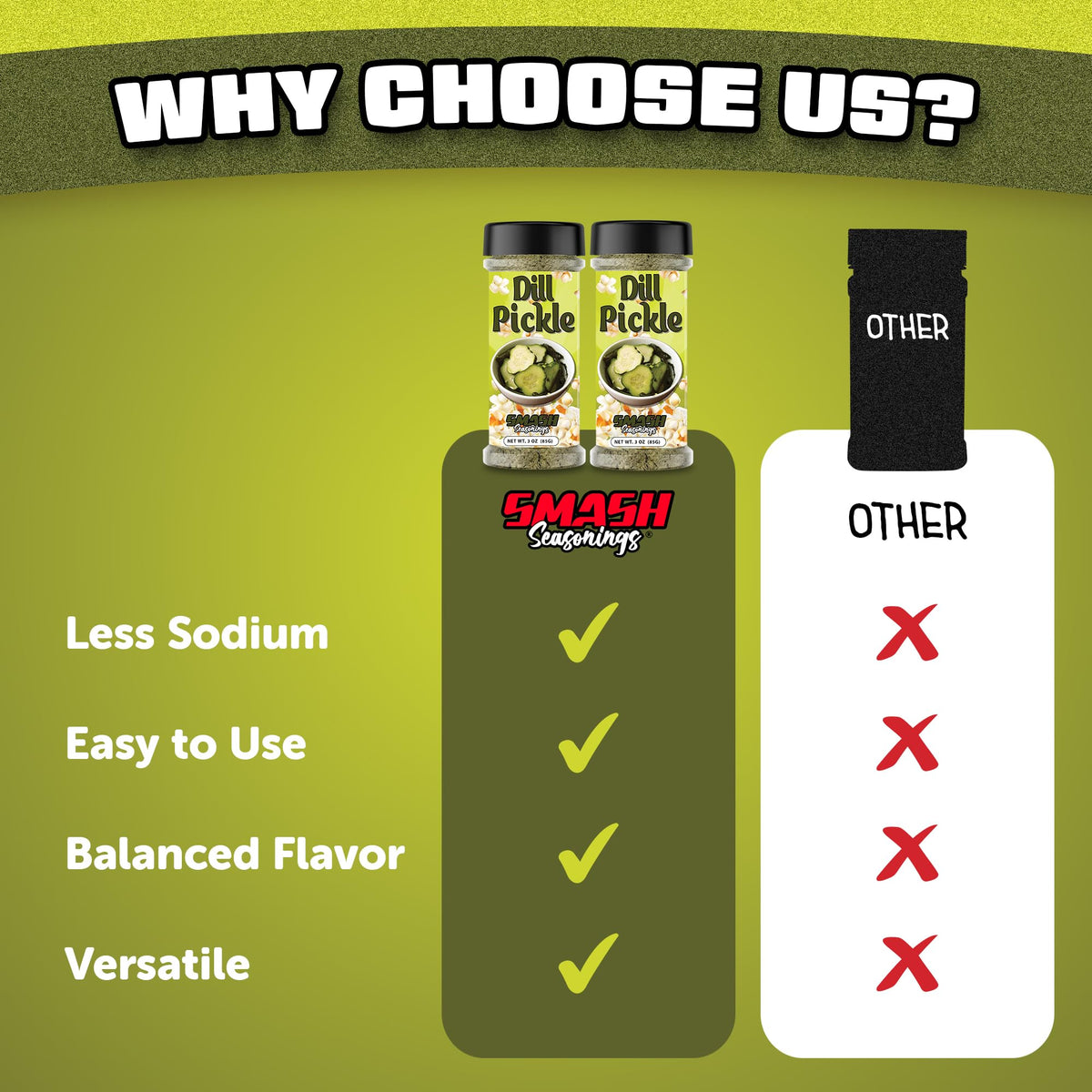 Smash Seasonings Dill Pickle sandwich topping enhances flavor.