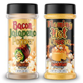 Smash Seasonings Flaming Hot Cheese & Bacon Jalapeño Popcorn Seasoning 2-Pack label highlights bold, craveable flavor.