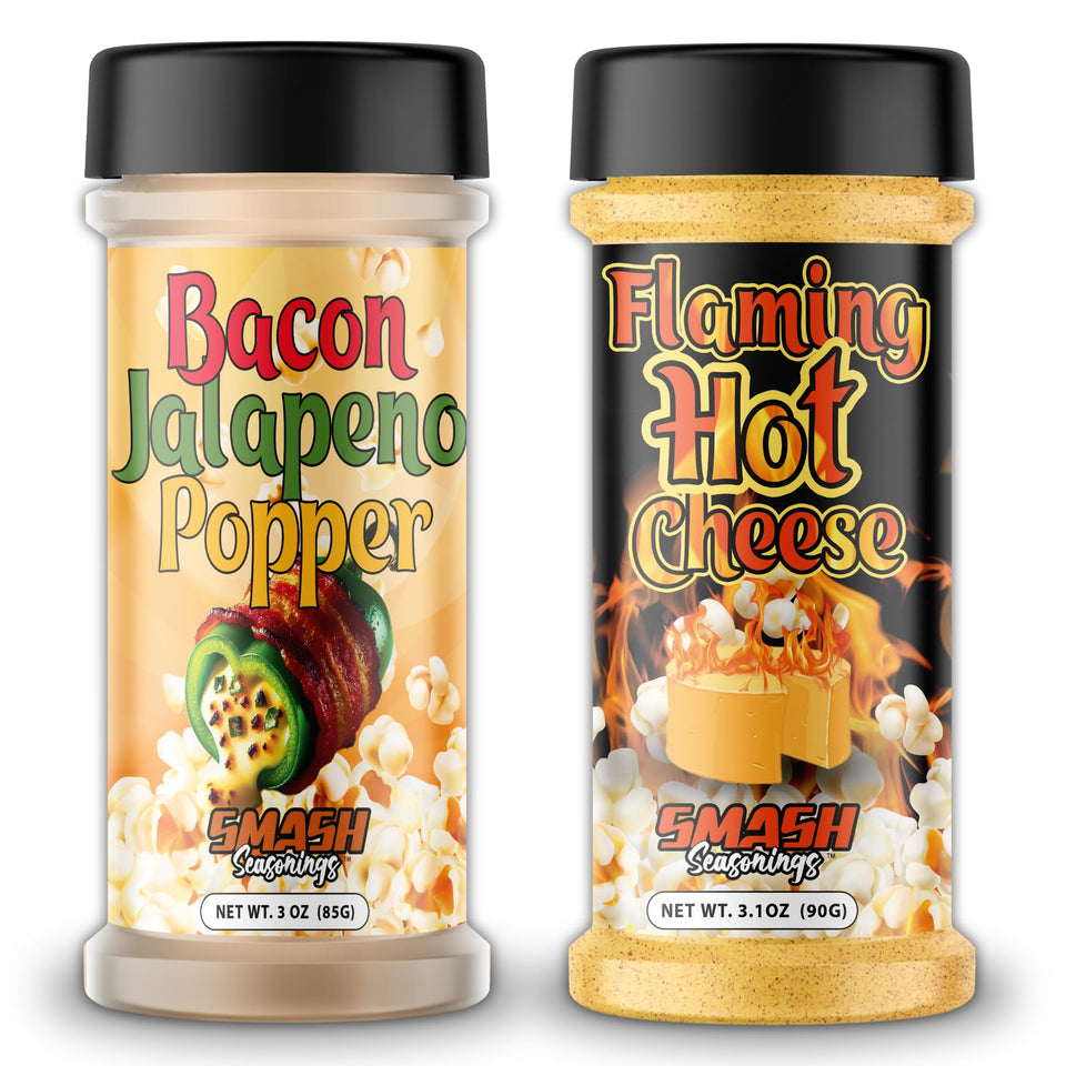 Smash Seasonings Flaming Hot Cheese & Bacon Jalapeño Popcorn Seasoning 2-Pack label highlights bold, craveable flavor.