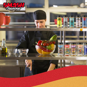 Smash Seasonings shaker image for Flaming Hot Cheese & Bacon Jalapeño Popcorn Seasoning shows easy, versatile flavor boost.
