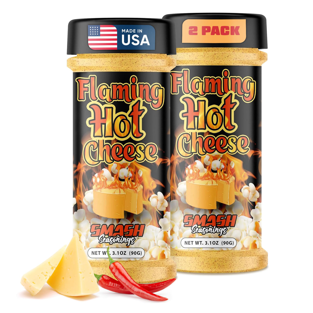 Smash Seasonings Flaming Hot Cheese Popcorn Shaker dusting kernels for bold flavor