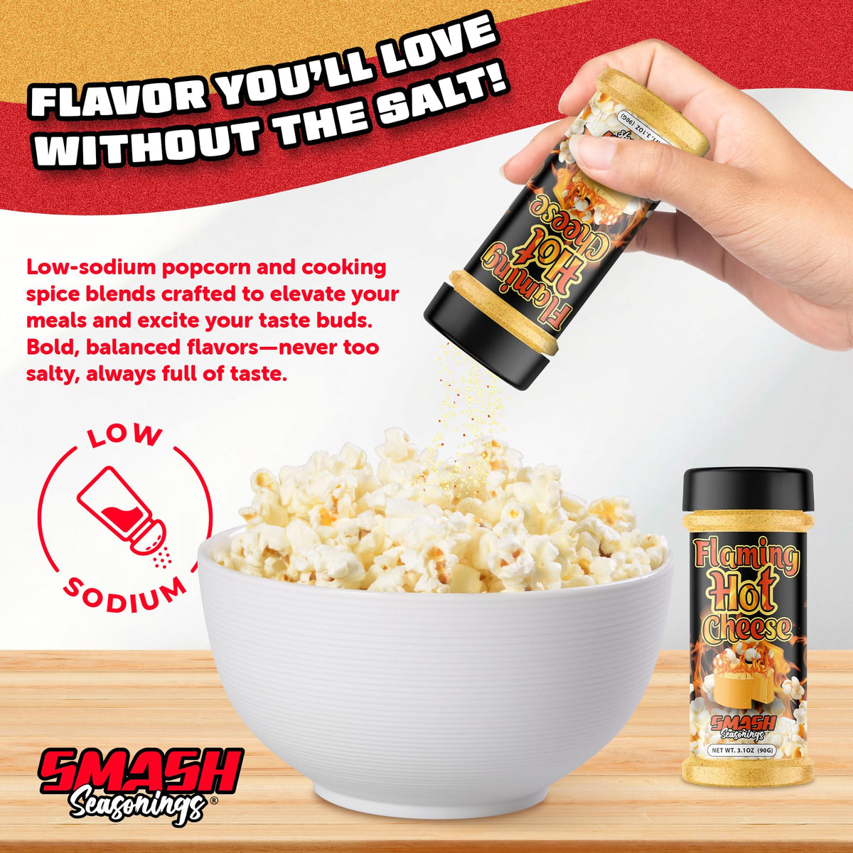 Smash Seasonings Flaming Hot Cheese Popcorn Shaker packaging view showing two-pack bundle