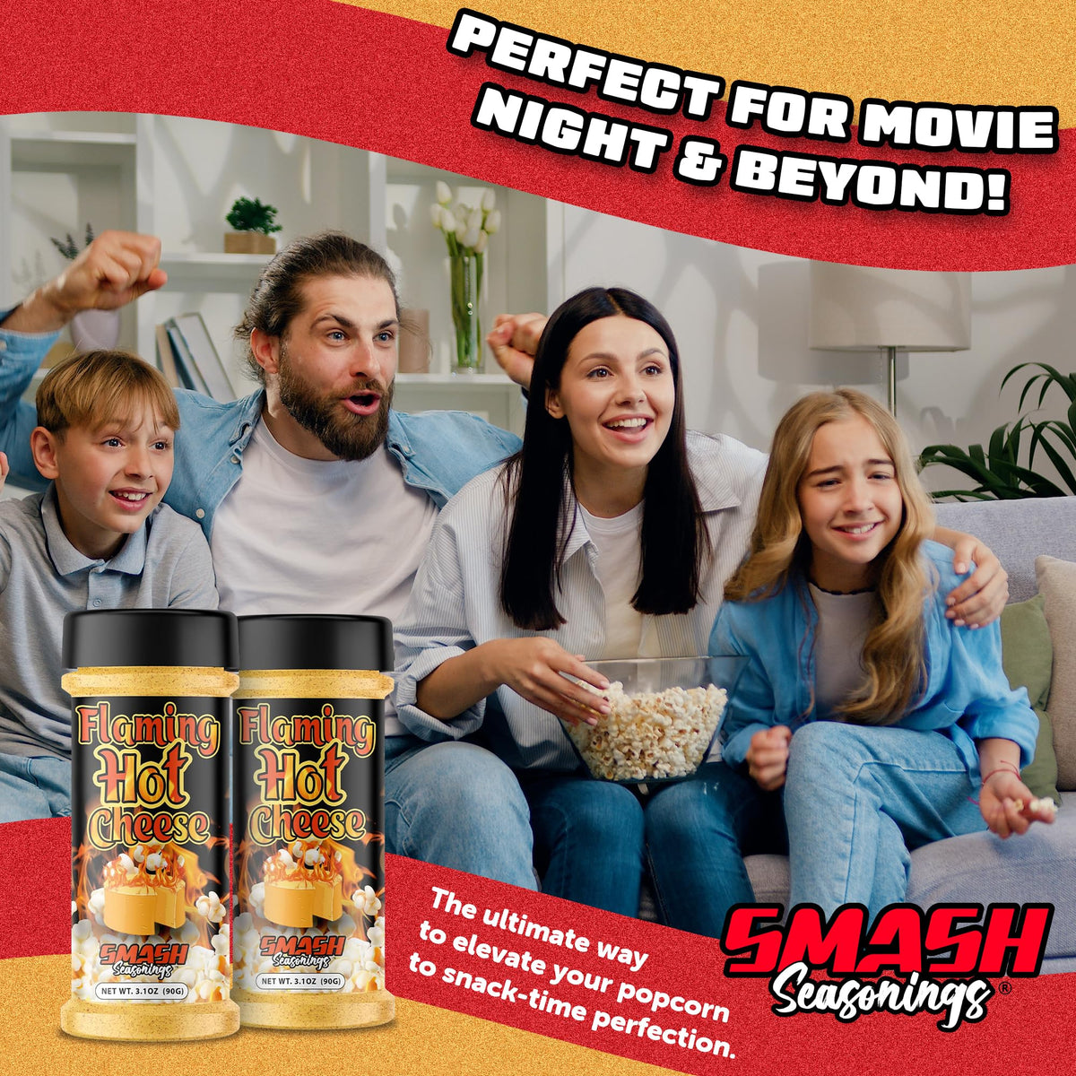 Smash Seasonings Flaming Hot Cheese Popcorn Shaker party bowl ready for sharing