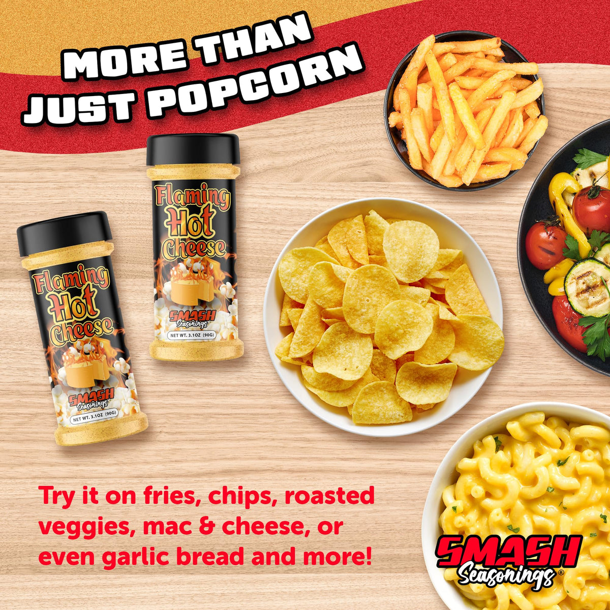 Smash Seasonings Flaming Hot Cheese Popcorn Shaker with pasta for smoky cheese zest