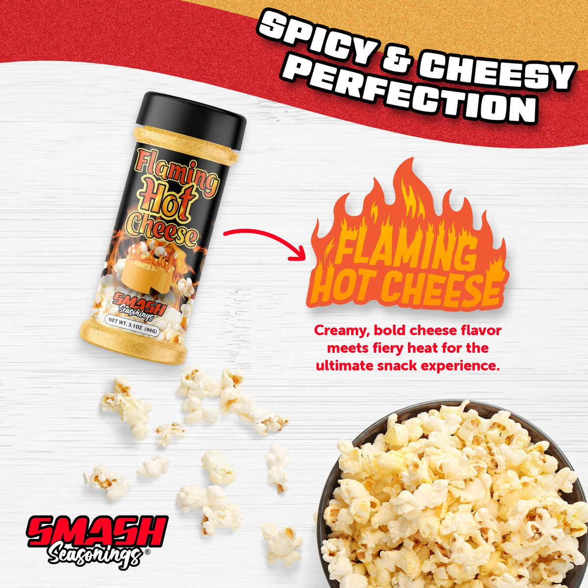 Smash Seasonings Flaming Hot Cheese Popcorn Shaker spice swirls over a snack for heat