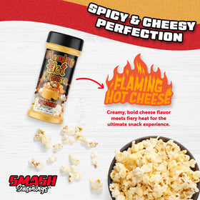 Smash Seasonings Flaming Hot Cheese Popcorn Shaker spice swirls over a snack for heat