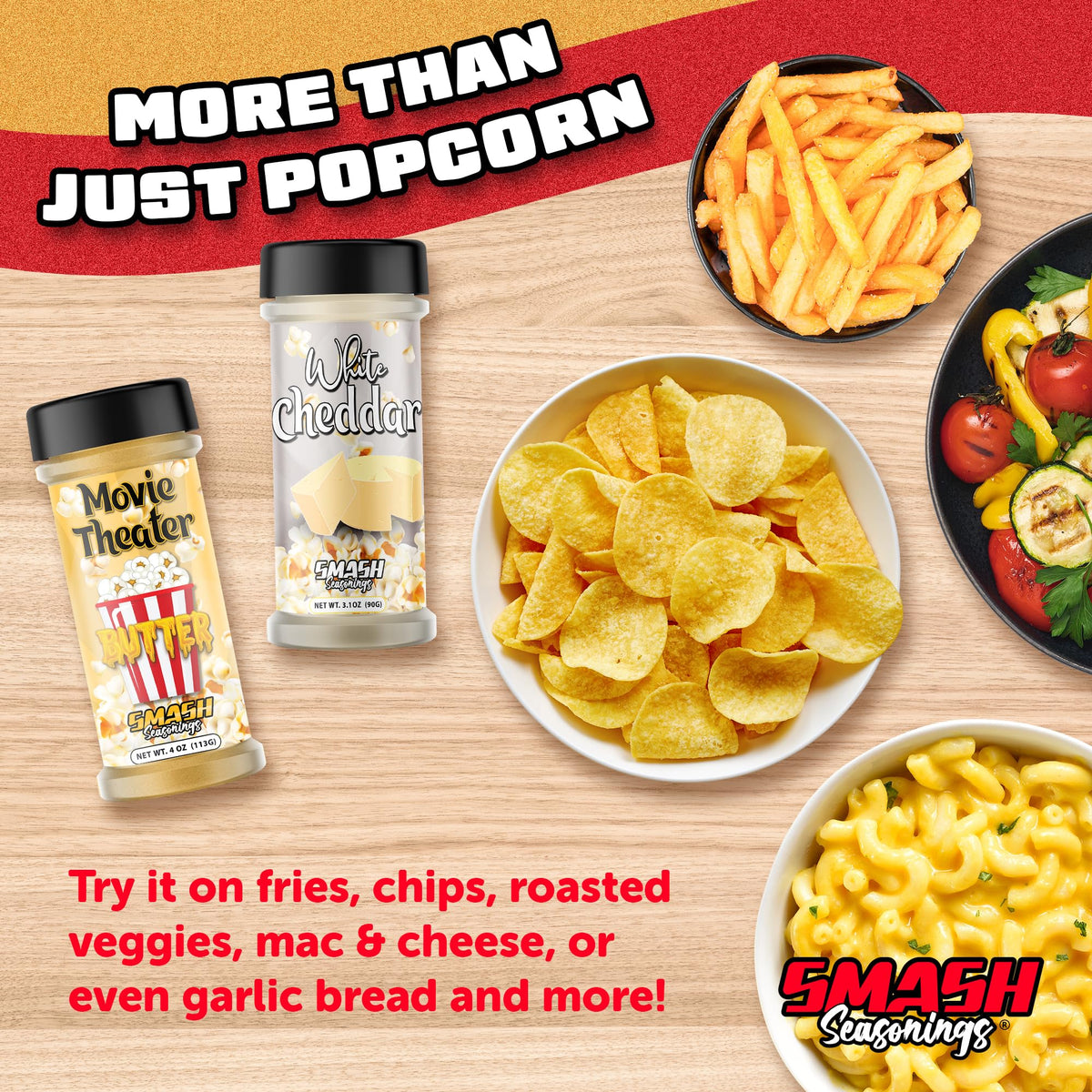 Smash Seasonings party snacks display with bold flavor options.