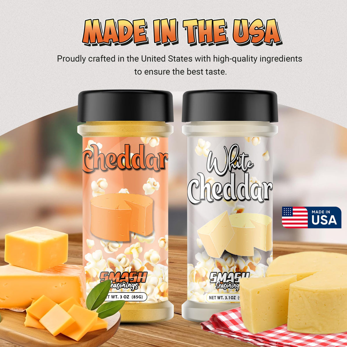 Smash Seasonings shaker pouring cheddar seasoning onto popcorn for even coverage