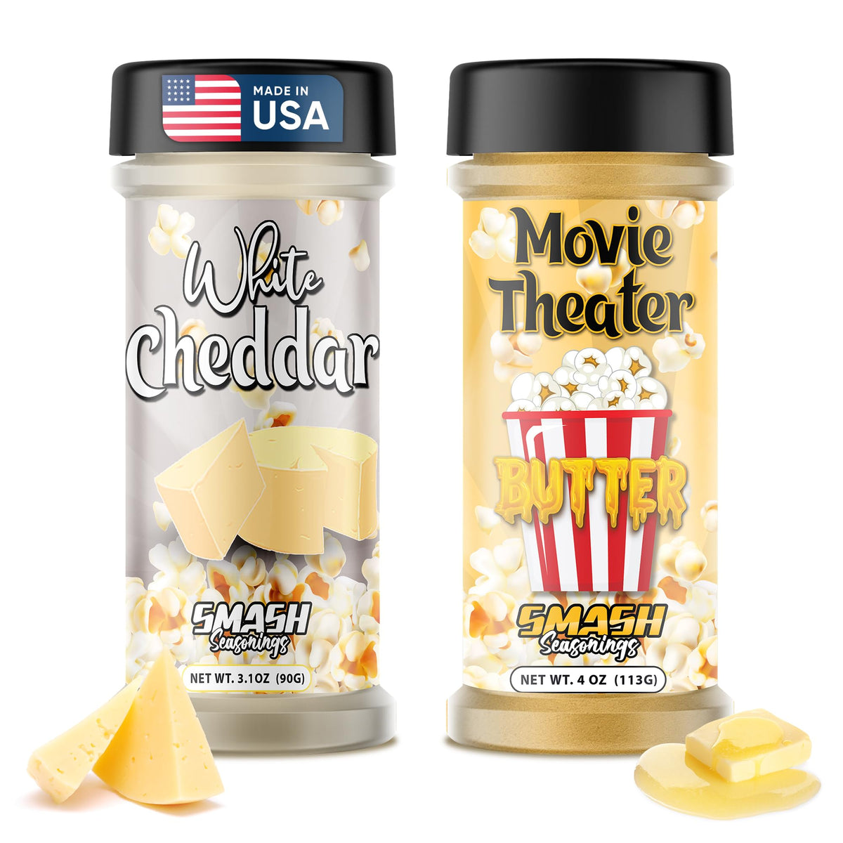 Smash Seasonings white cheddar butter popcorn shaker closeup, ideal for movie nights.