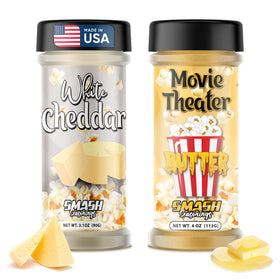 Smash Seasonings white cheddar butter popcorn shaker closeup, ideal for movie nights.