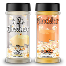 Smash Seasonings White Cheddar Orange Cheddar popcorn seasoning shaker front view for bold flavor