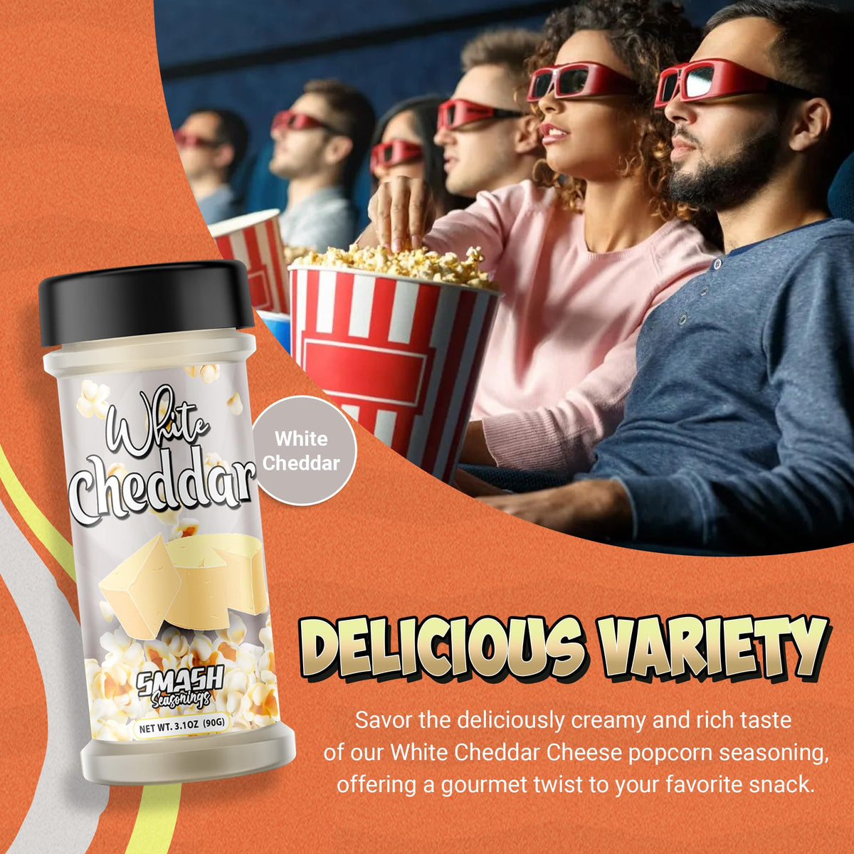 Smash Seasonings White Cheddar Powder shaker closeup for quick, bold cheese flavoring.