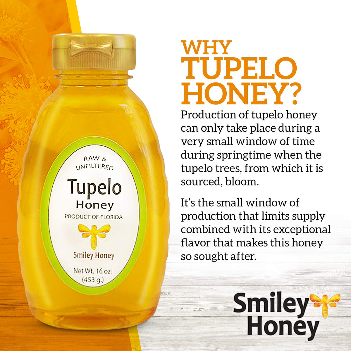 Smiley Honey Tupelo honey jar, raw and unfiltered for daily use.