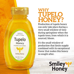 Smiley Honey Tupelo honey jar, raw and unfiltered for daily use.