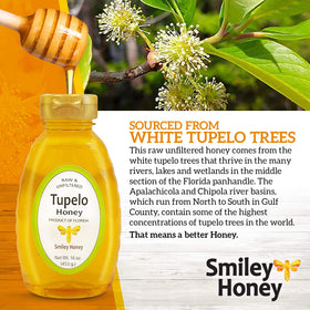 Smiley Honey Tupelo honey label close-up, premium Apalachicola-Chipola sourcing.