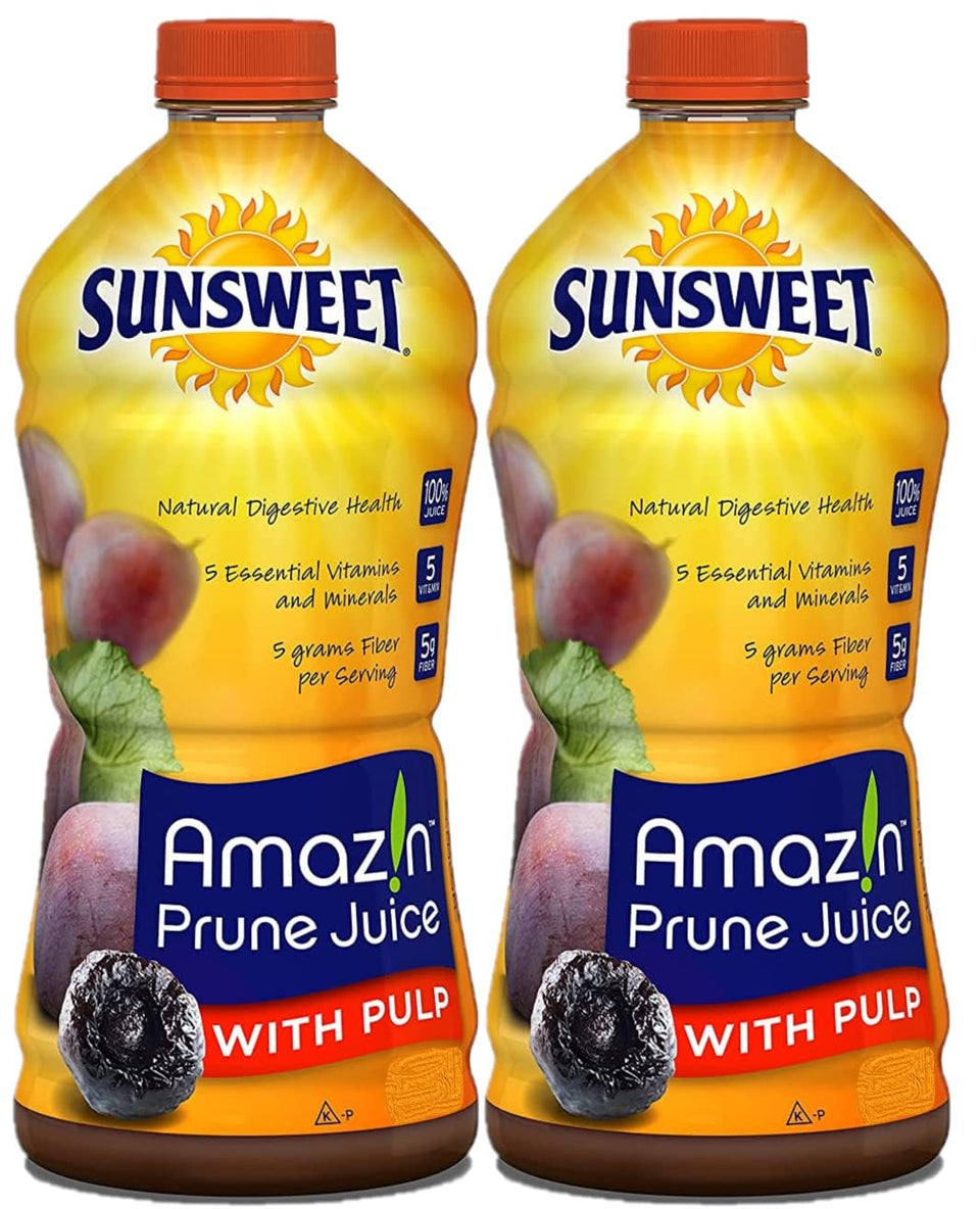 Smiling Sweets Sunsweet Amazin Prune Juice with Pulp being poured into a glass for a refreshing start